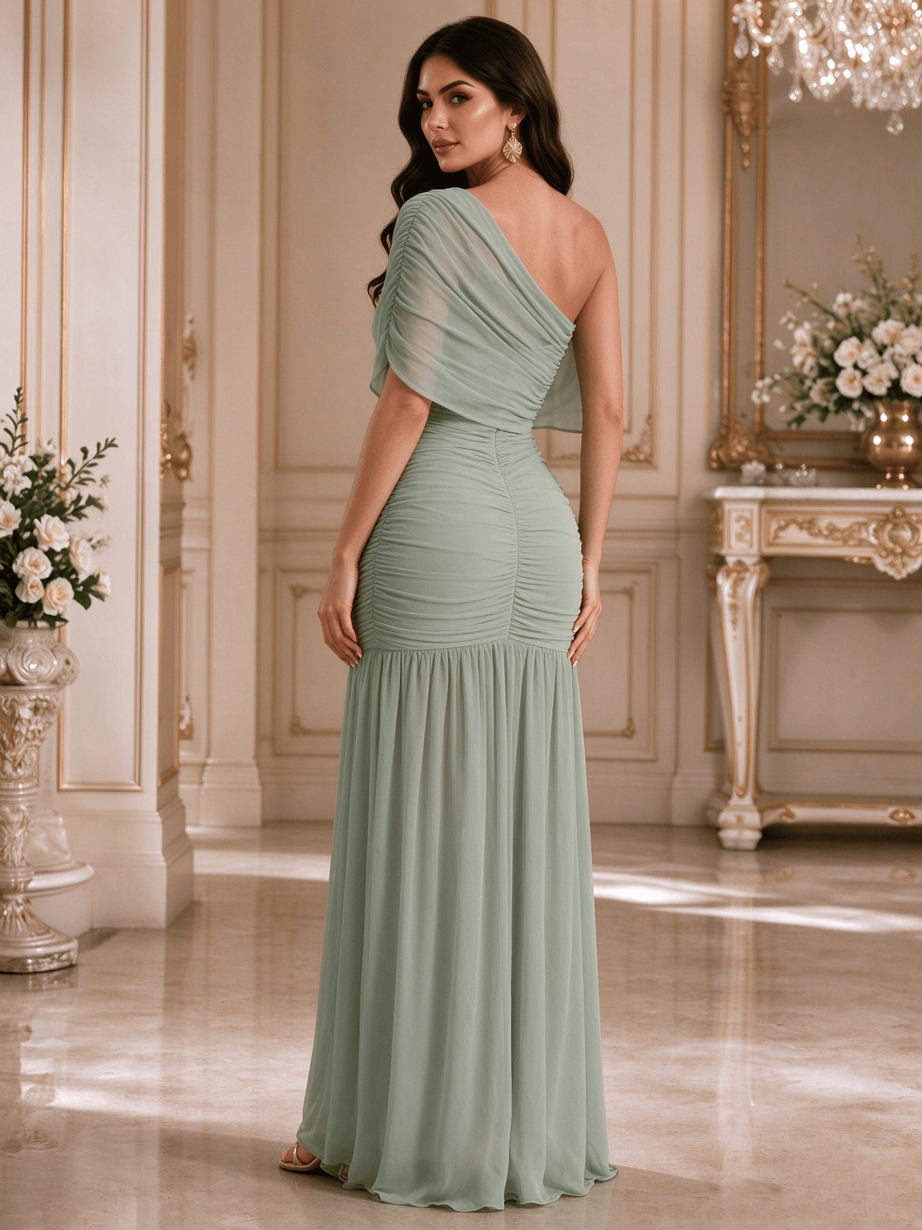 Green Solid One Shoulder Neck A-Line Maxi Dress