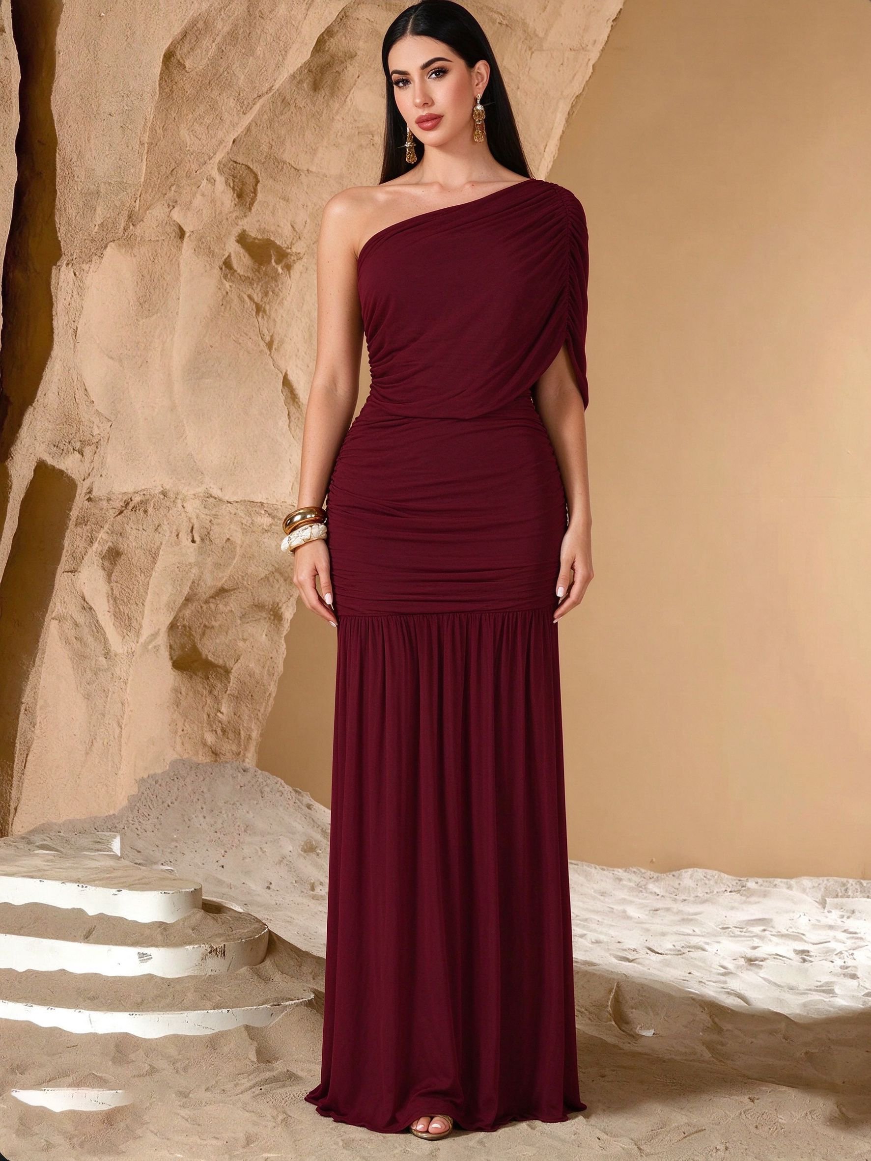 Burgundy Solid One Shoulder Neck A-Line Maxi Dress