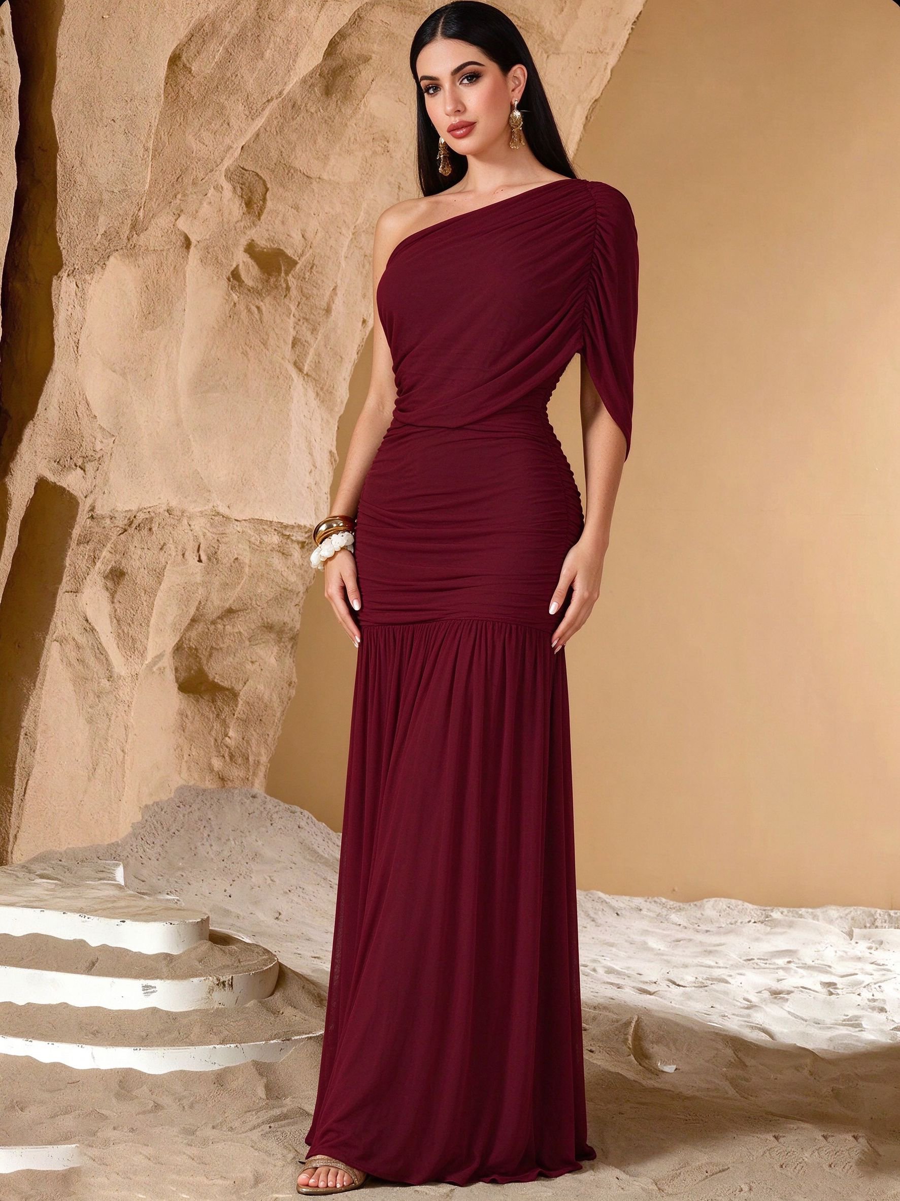 Burgundy Solid One Shoulder Neck A-Line Maxi Dress