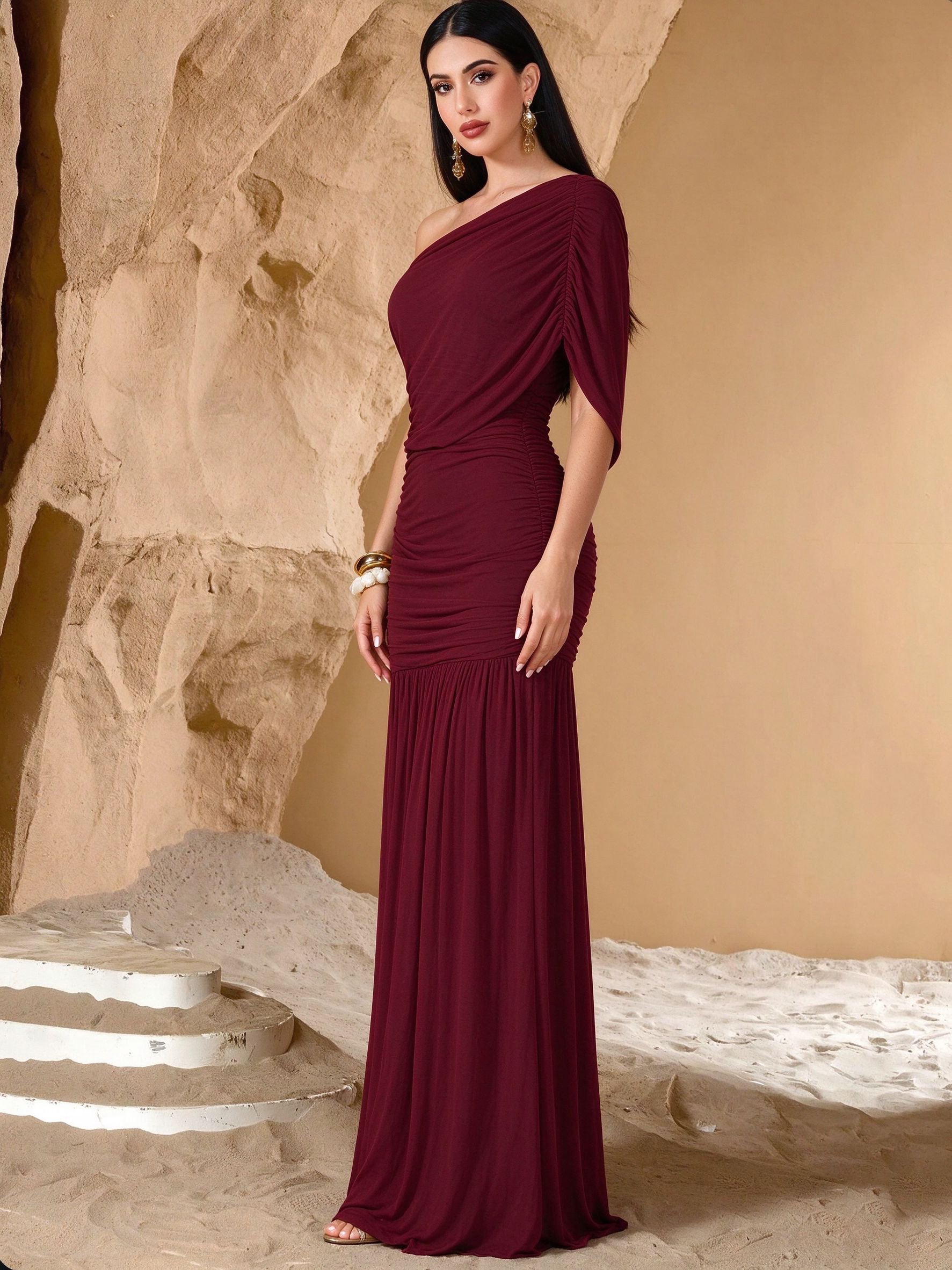 Burgundy Solid One Shoulder Neck A-Line Maxi Dress