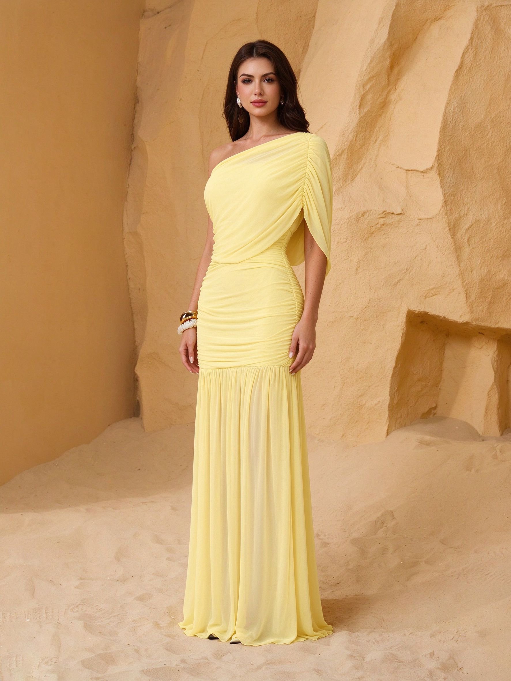 Yellow Solid One Shoulder Neck A-Line Maxi Dress