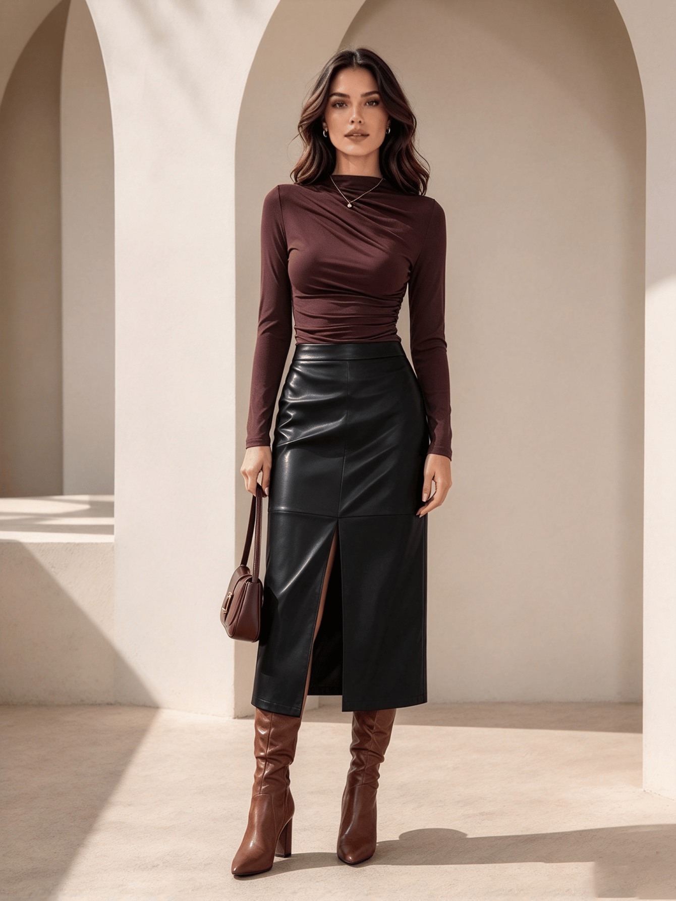 Black Solid Pencil Midi Skirt