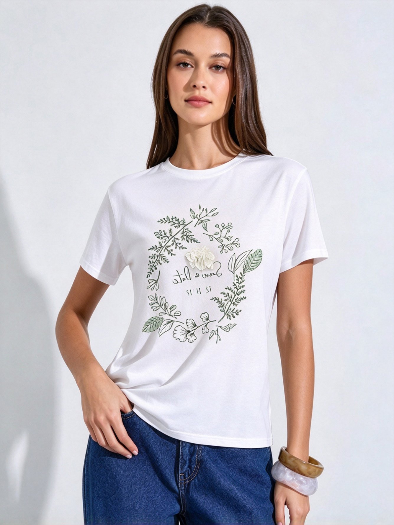 White Printed Round Neck Regular T-Shirt