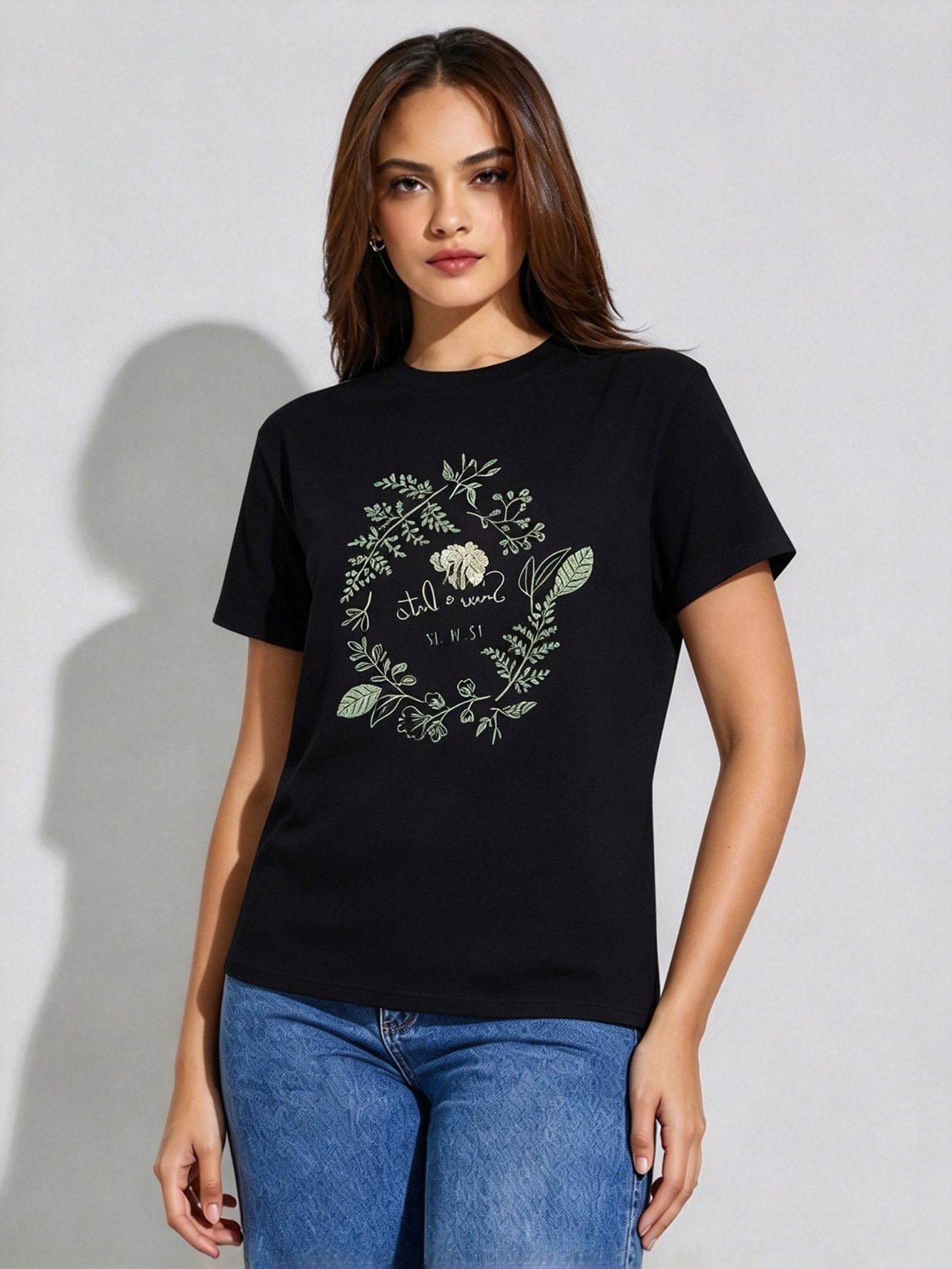 Black Printed Round Neck Regular T-Shirt
