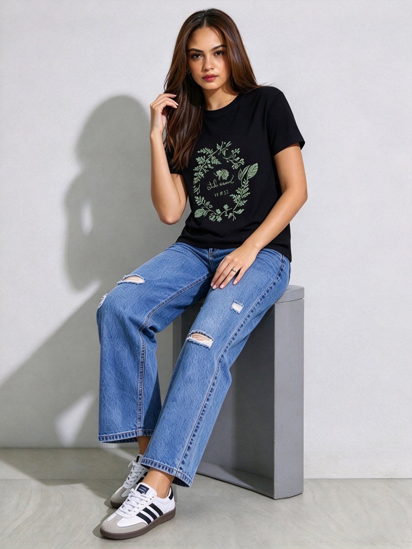Black Printed Round Neck Regular T-Shirt