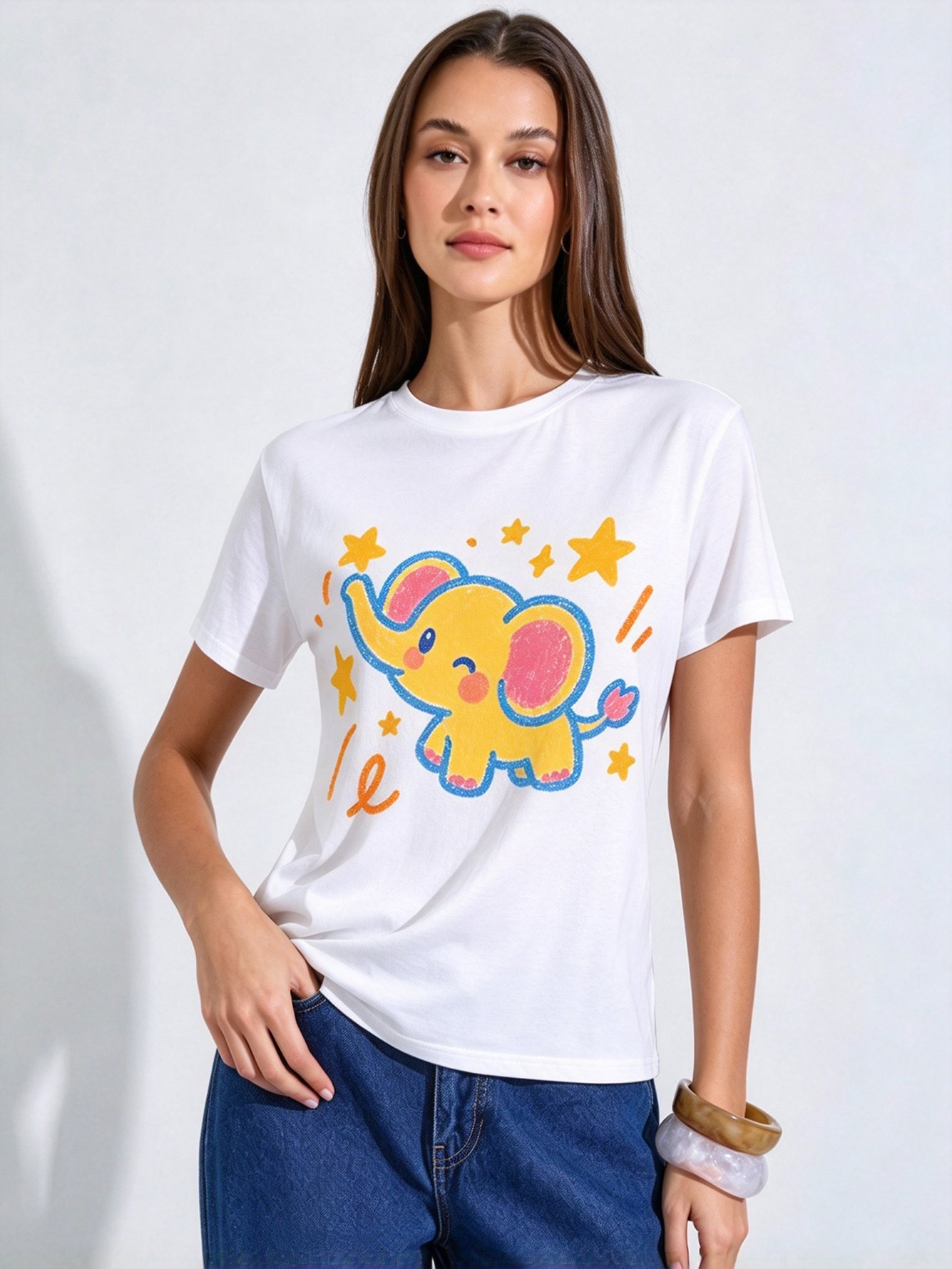White Printed Round Neck Regular T-Shirt