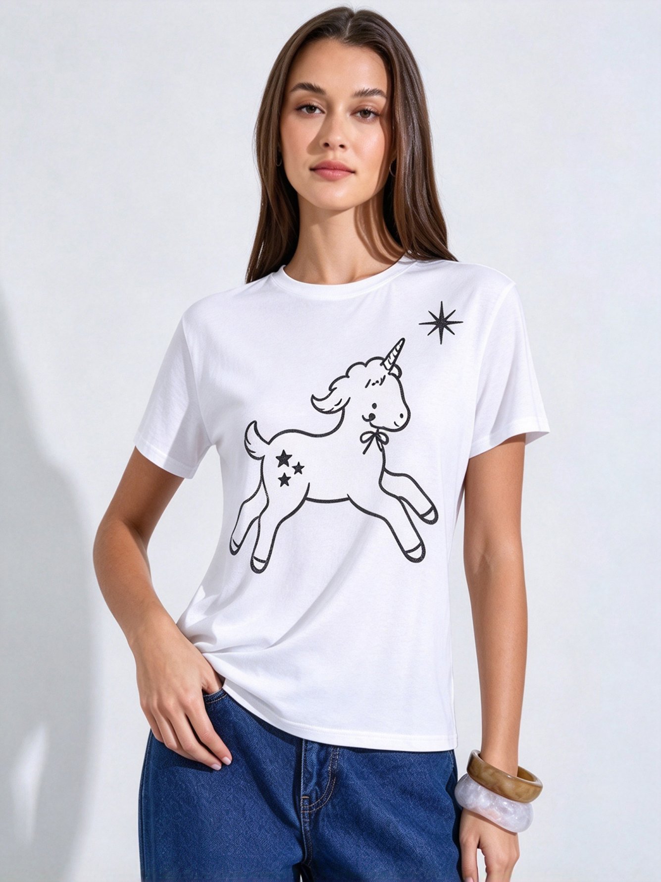 White Printed Round Neck Regular T-Shirt