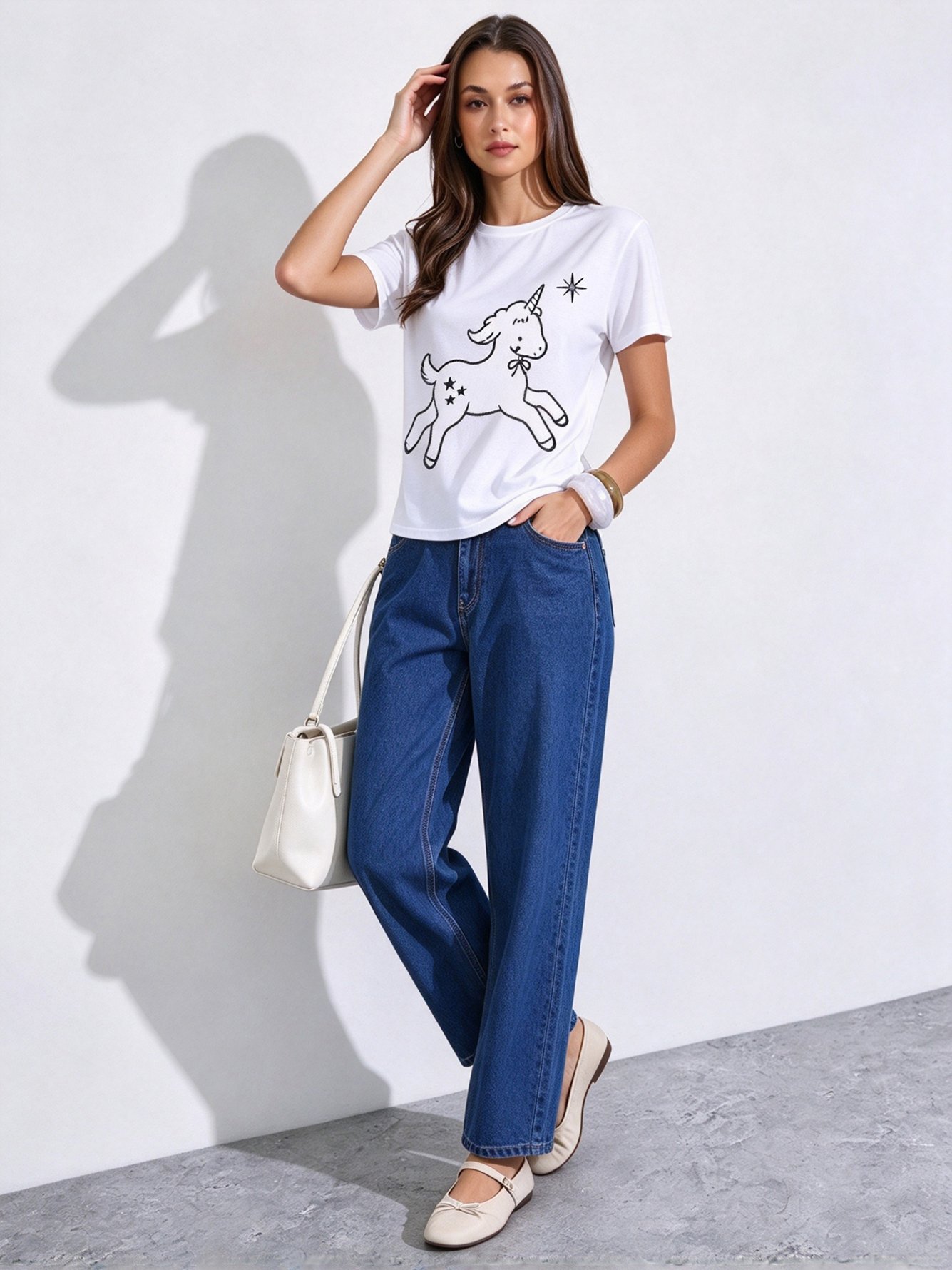 White Printed Round Neck Regular T-Shirt