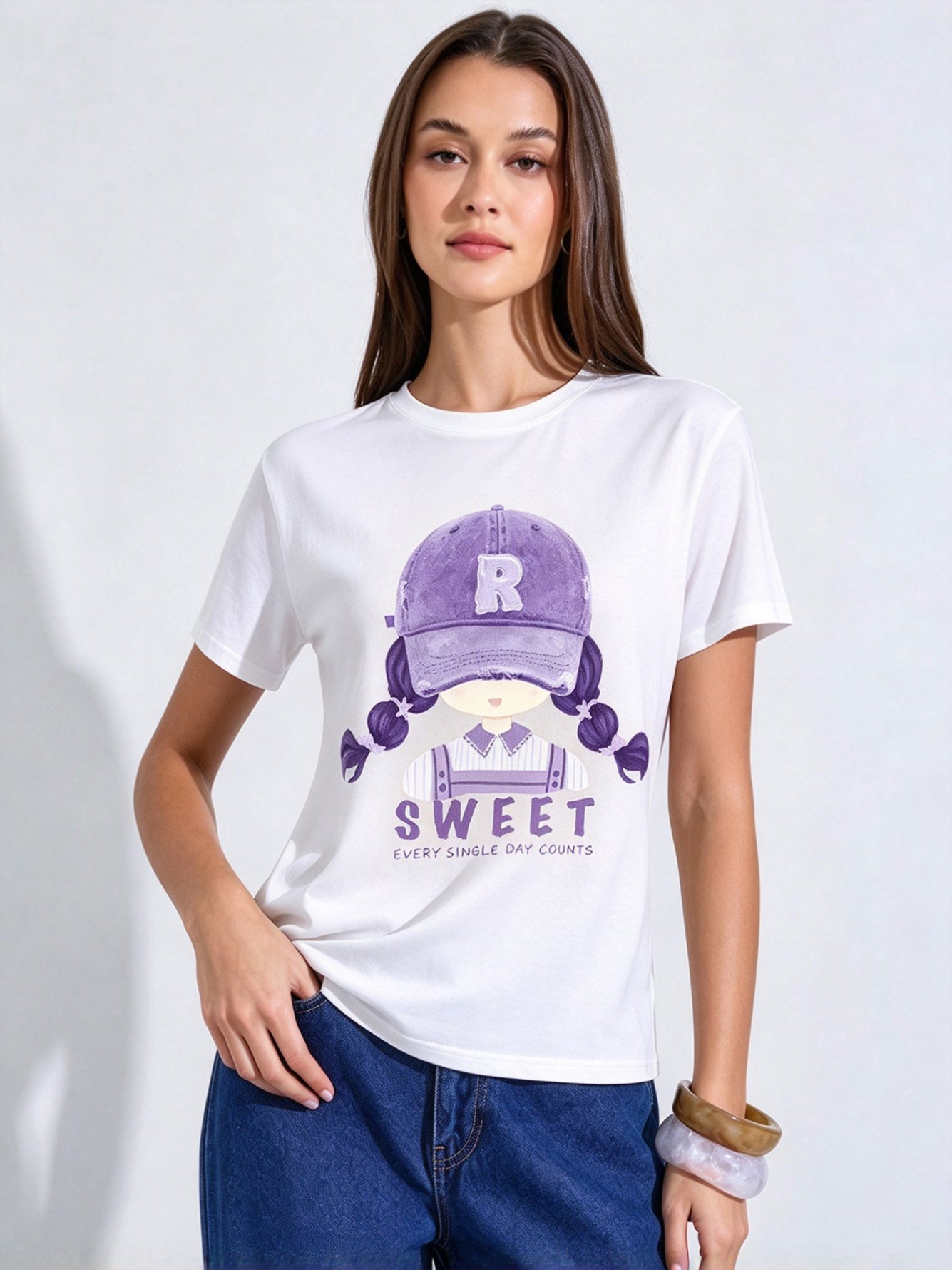 White Printed Round Neck Regular T-Shirt