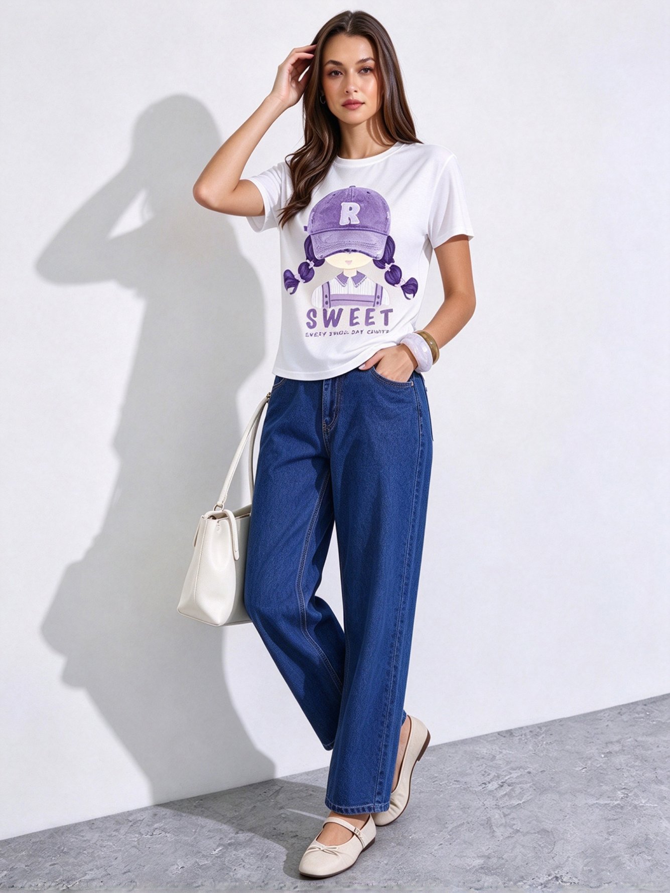 White Printed Round Neck Regular T-Shirt