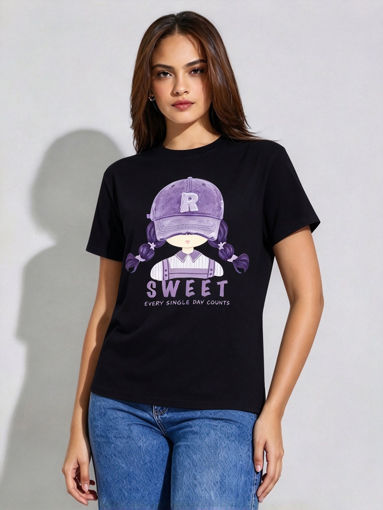 Black Printed Round Neck Regular T-Shirt