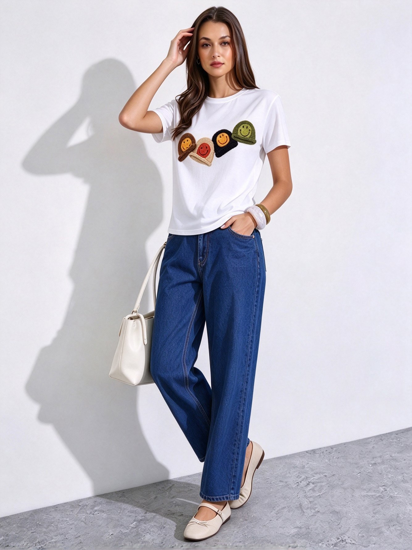 White Printed Round Neck Regular T-Shirt