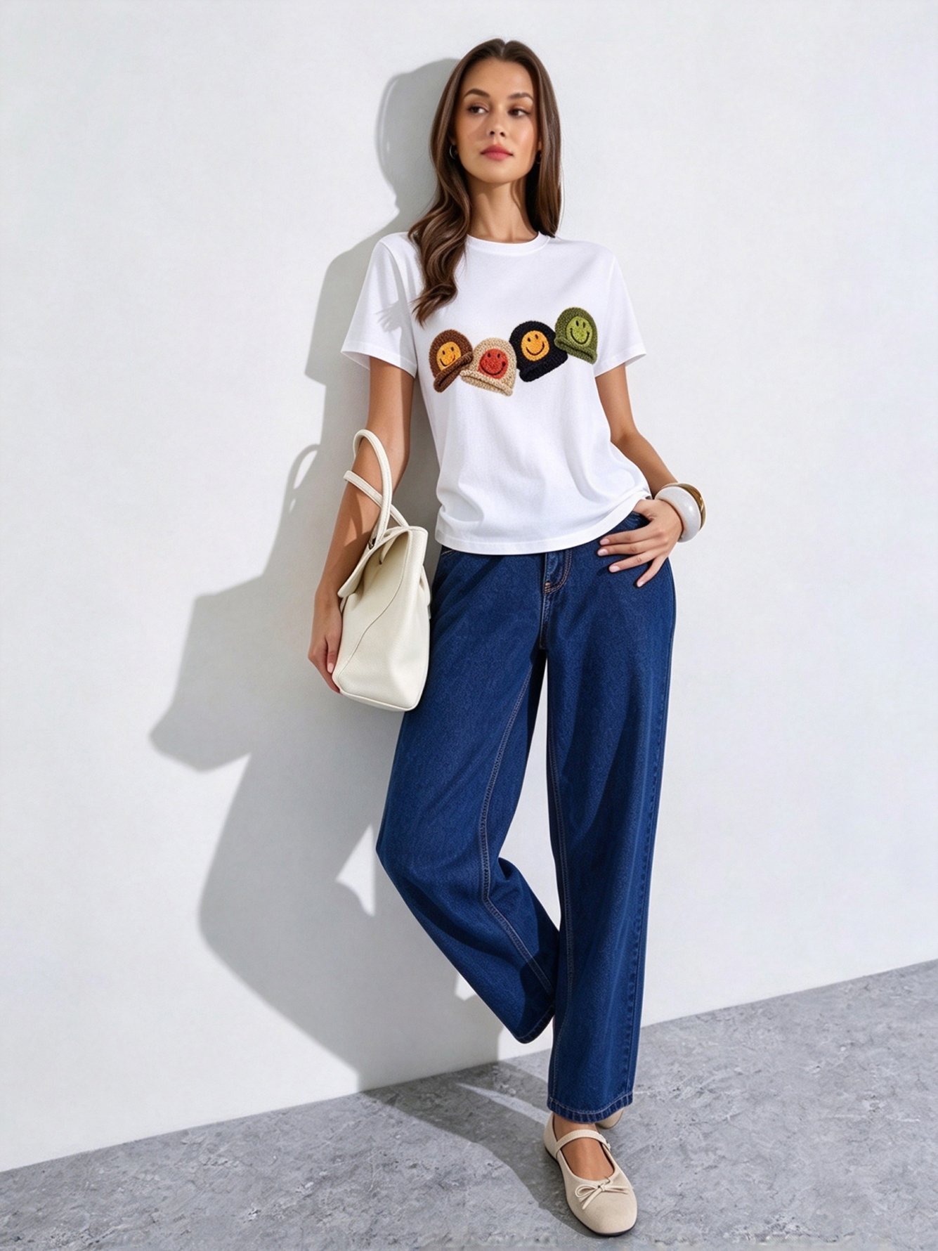 White Printed Round Neck Regular T-Shirt