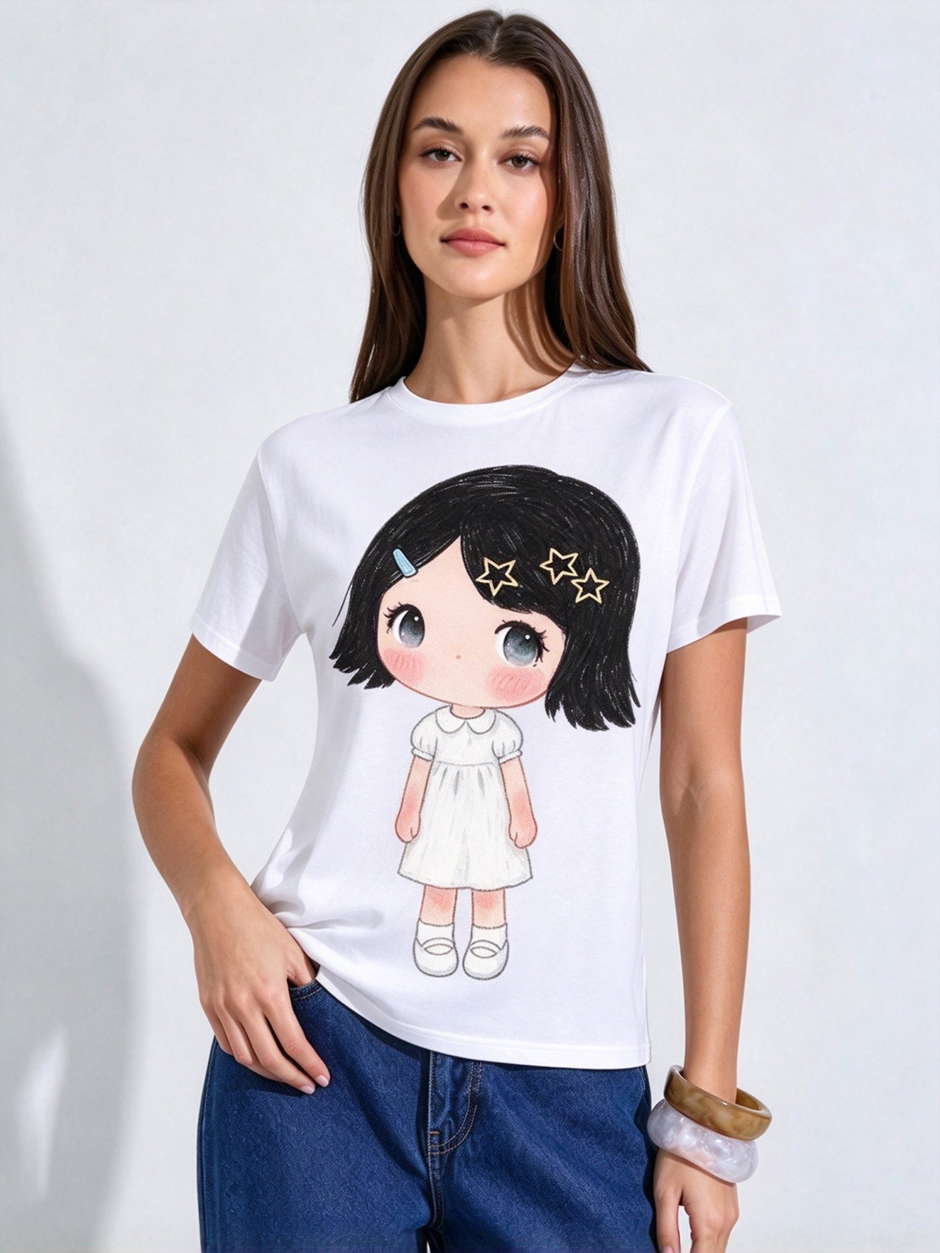 White Printed Round Neck Regular T-Shirt