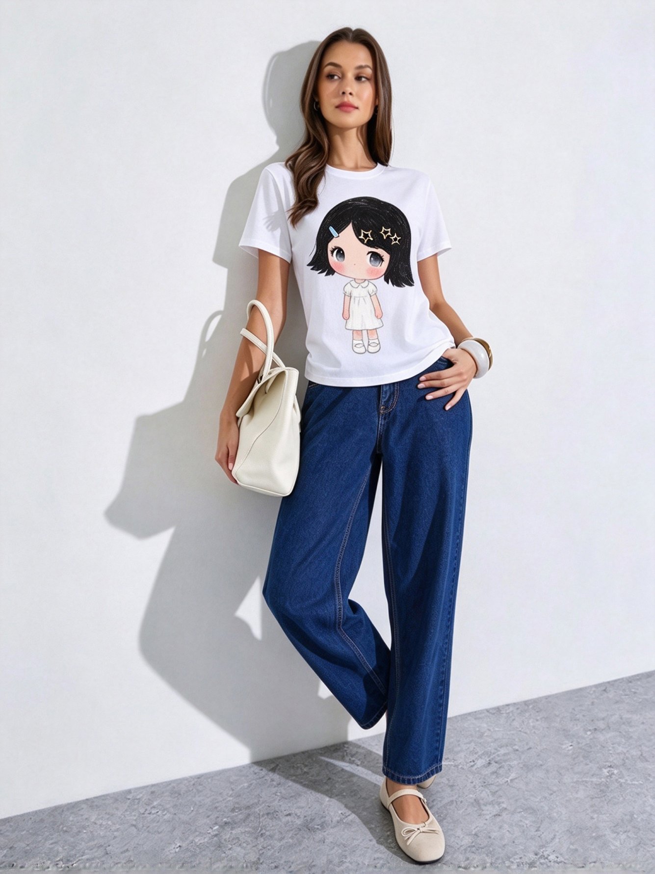 White Printed Round Neck Regular T-Shirt