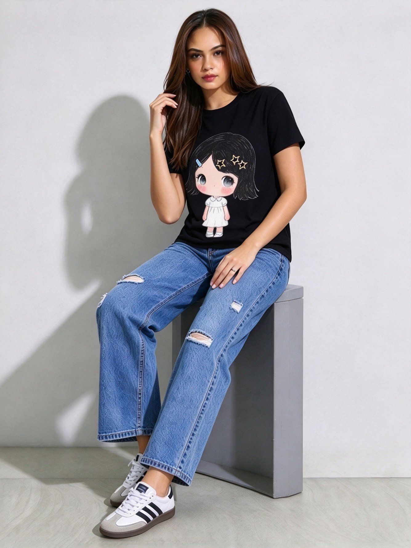 Black Printed Round Neck Regular T-Shirt