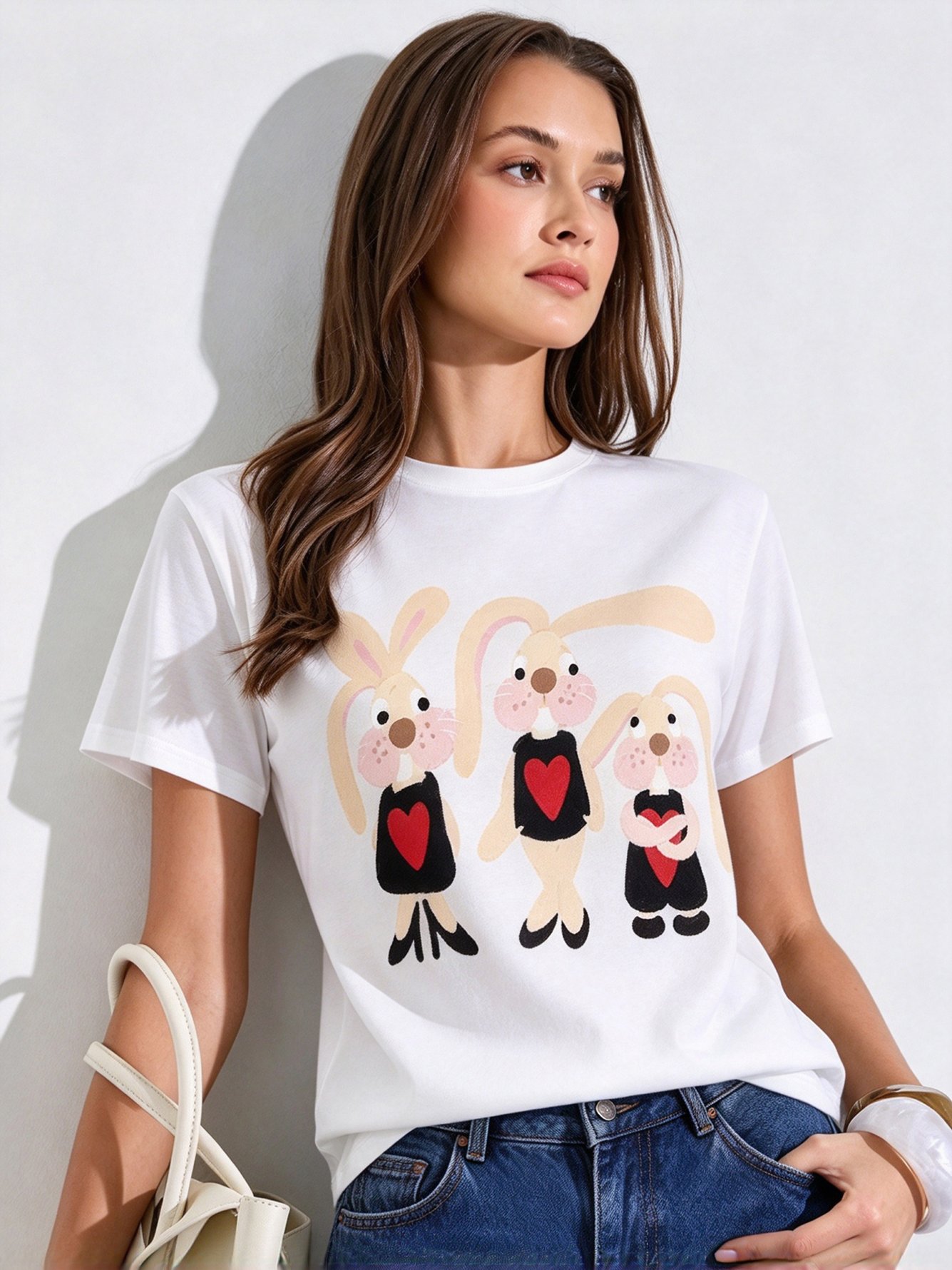 White Printed Round Neck Regular T-Shirt