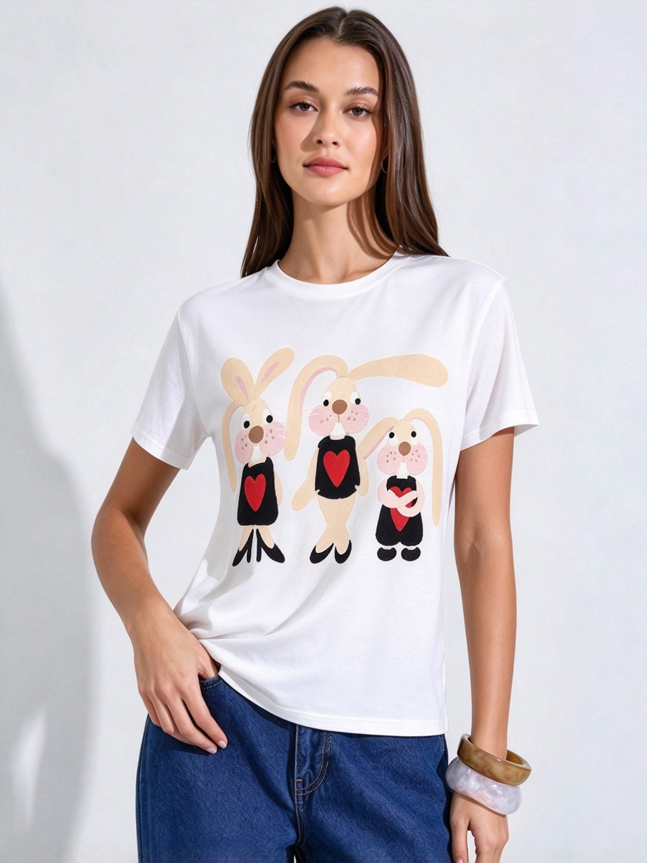 White Printed Round Neck Regular T-Shirt