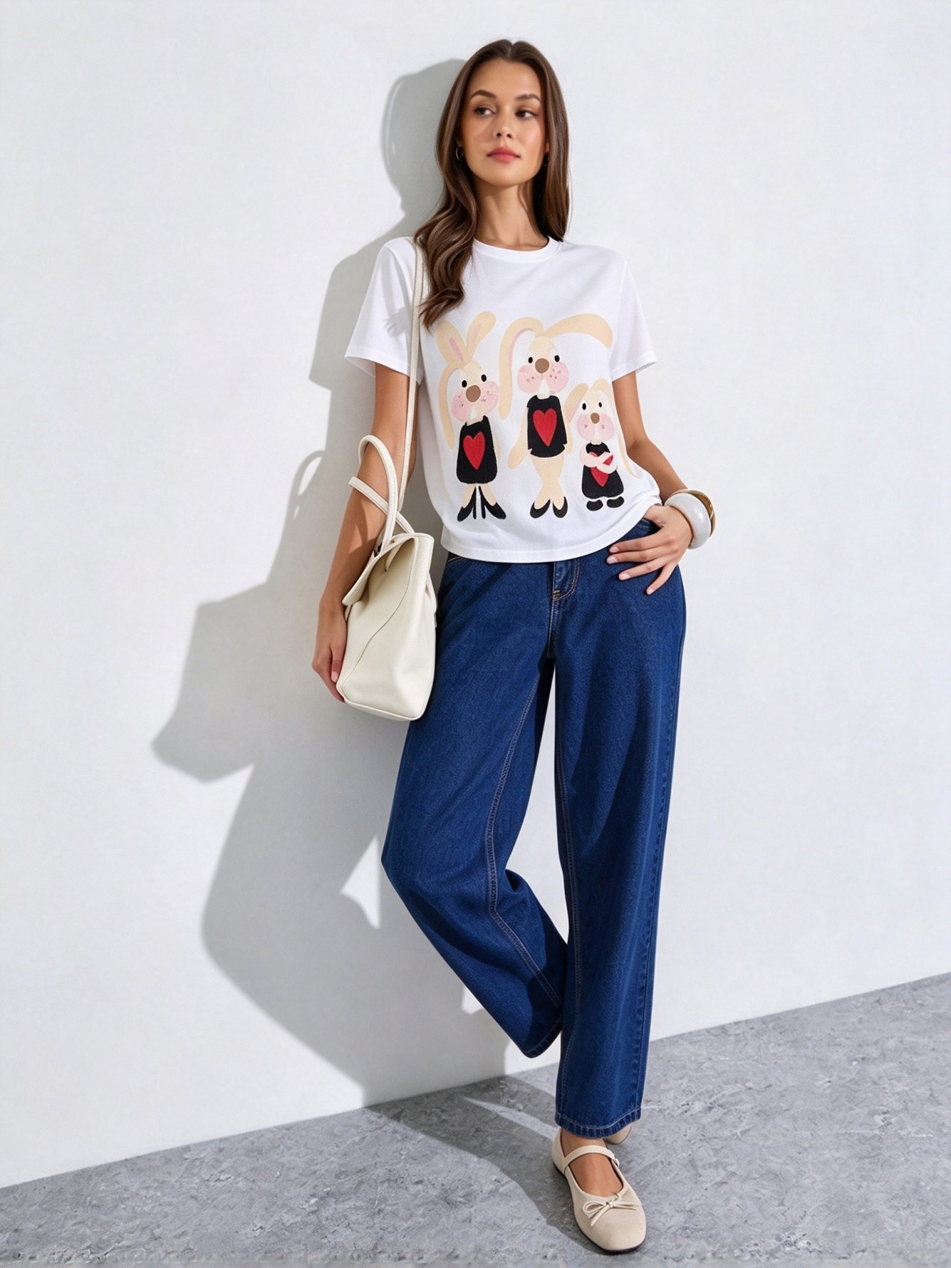 White Printed Round Neck Regular T-Shirt