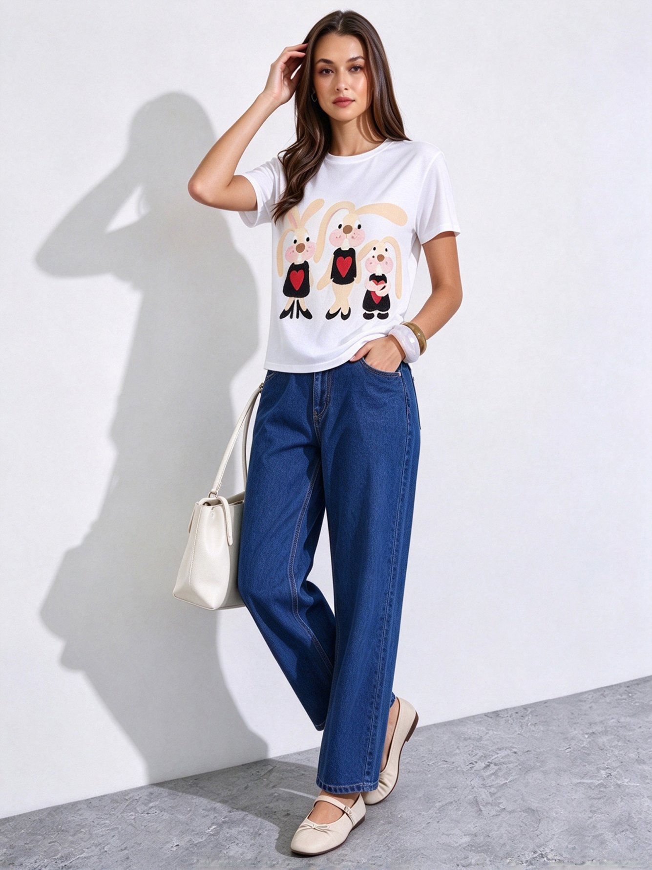 White Printed Round Neck Regular T-Shirt