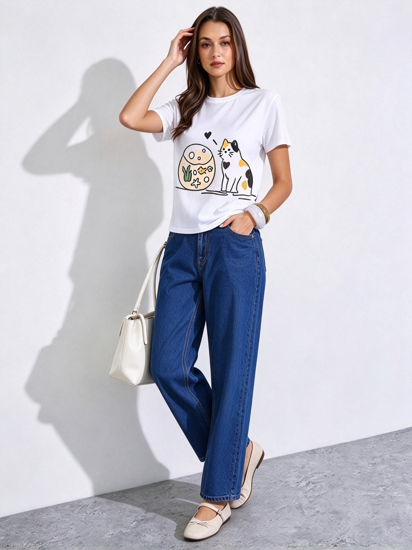White Printed Round Neck Regular T-Shirt
