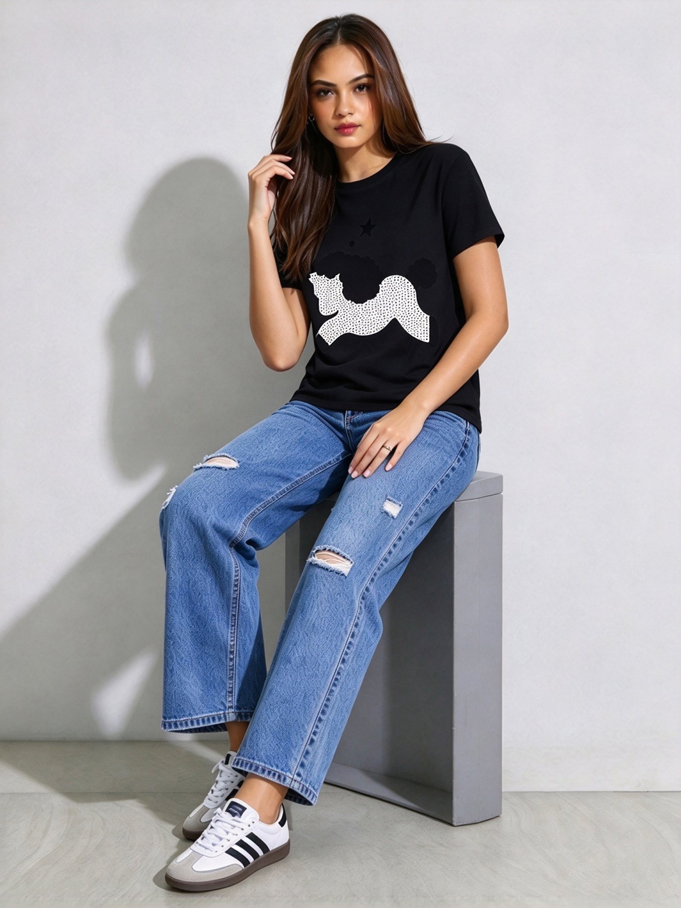 Black Printed Round Neck Regular T-Shirt