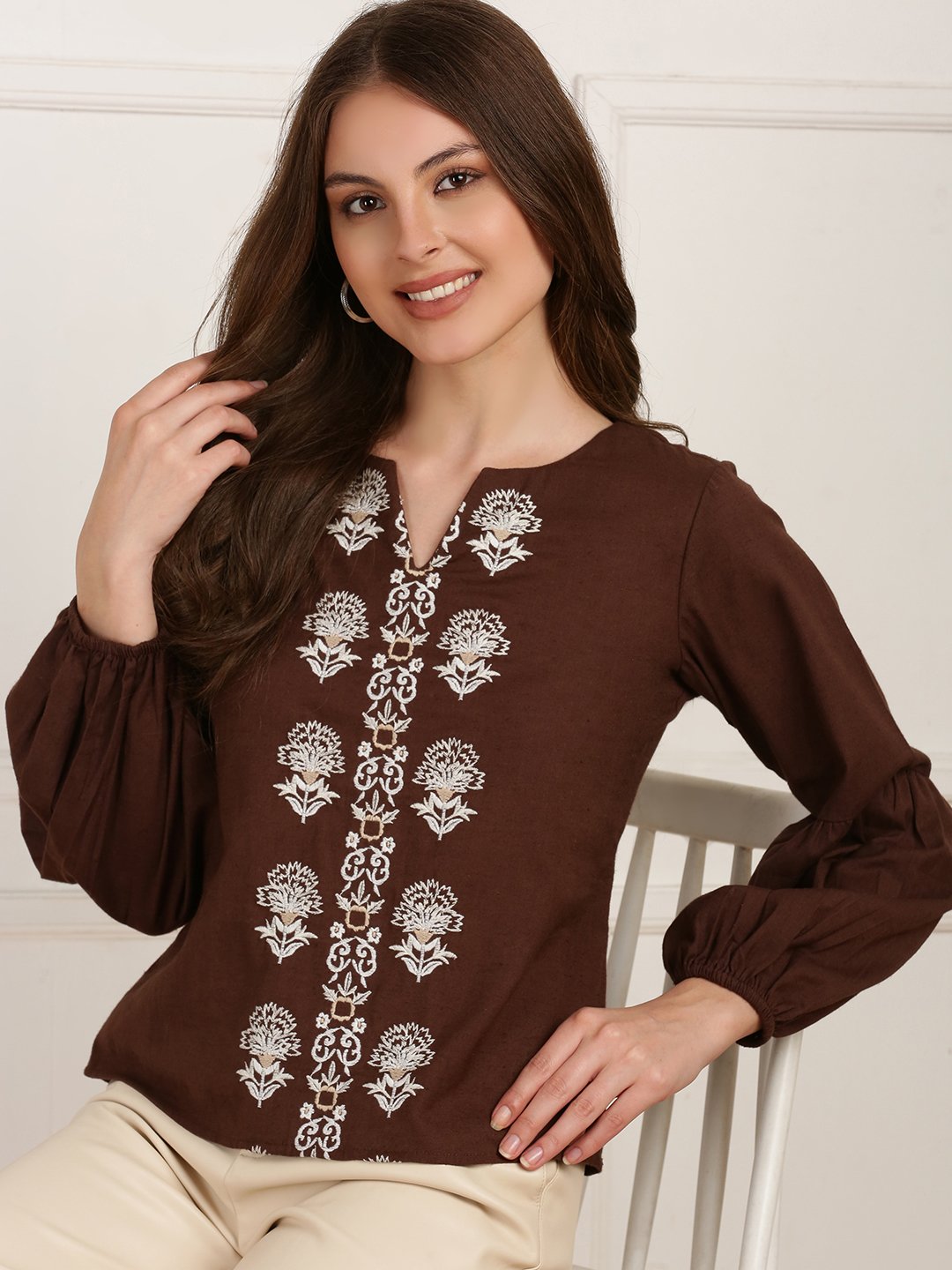 Brown Solid Round Neck Top