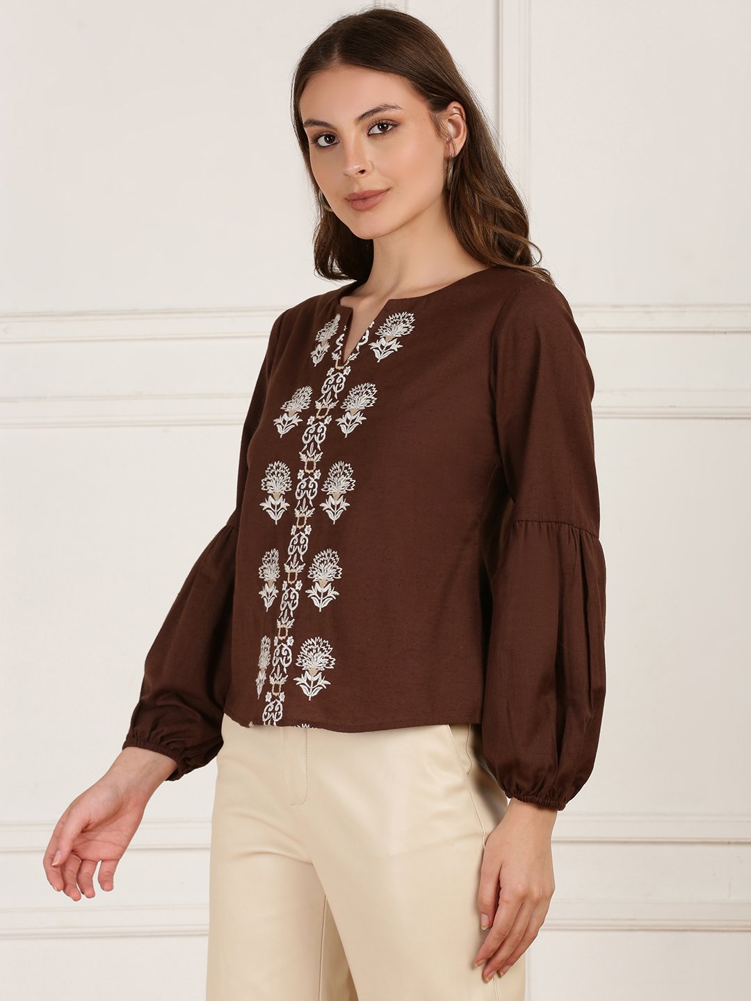 Brown Solid Round Neck Top