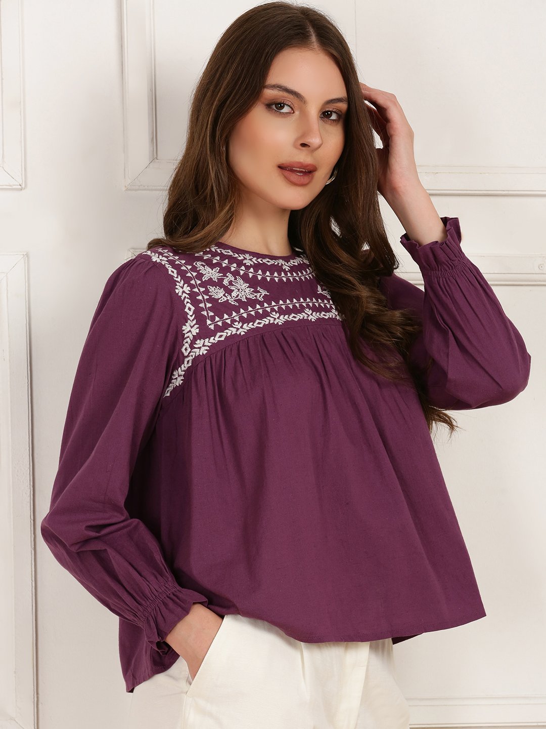 Purple Solid Round Neck Top