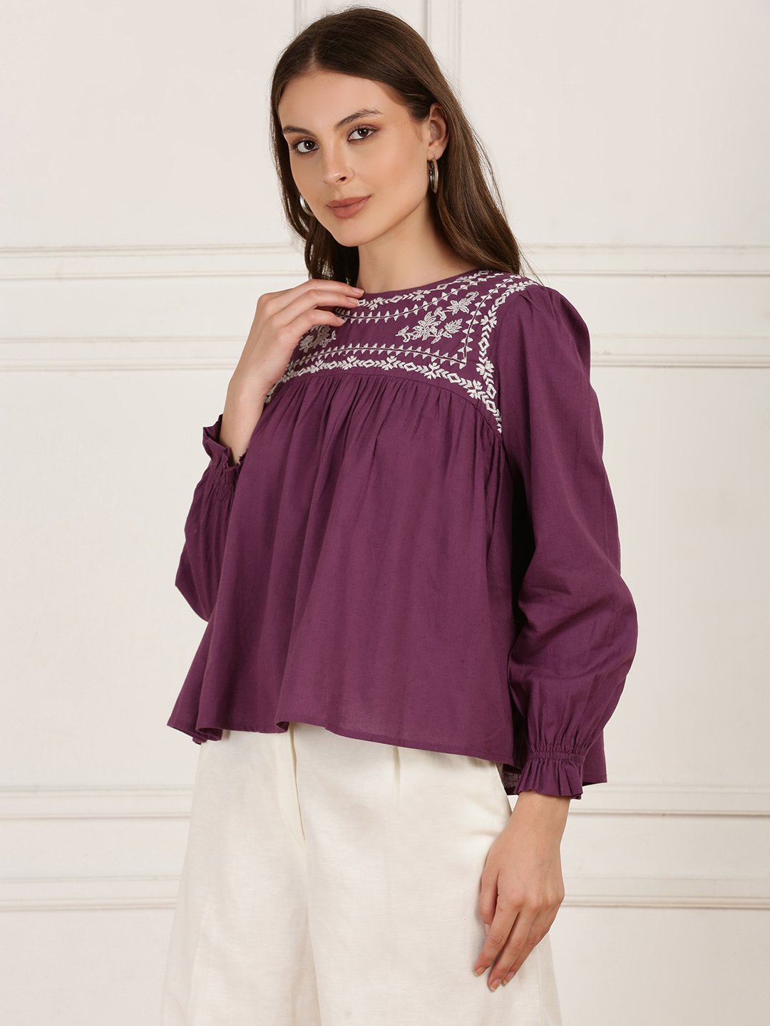 Purple Solid Round Neck Top