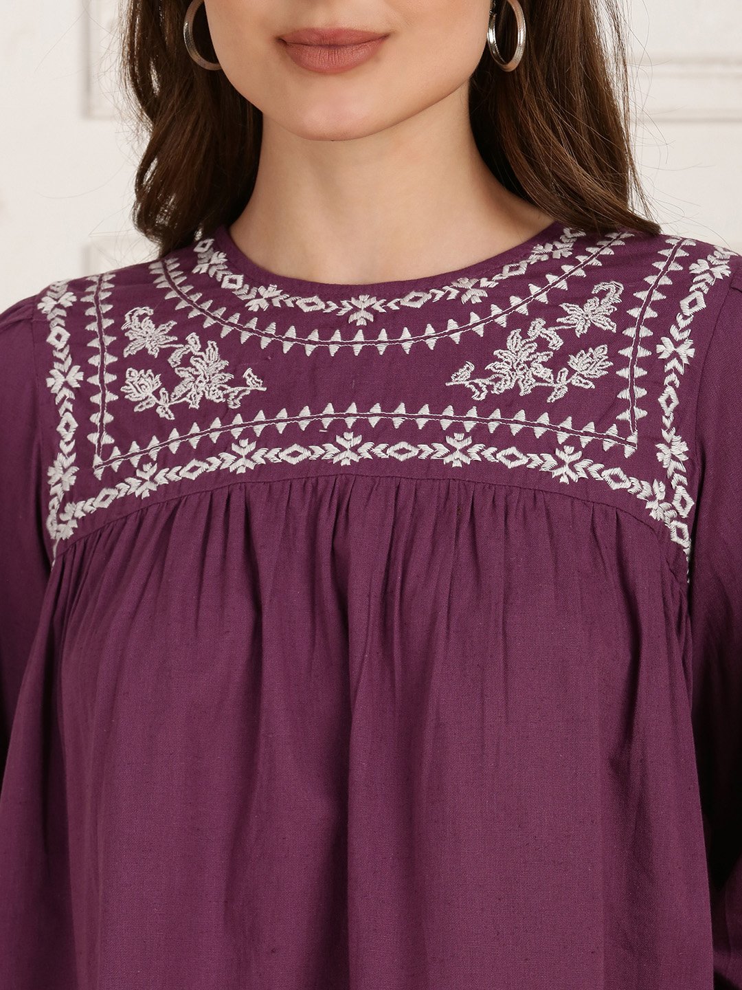Purple Solid Round Neck Top