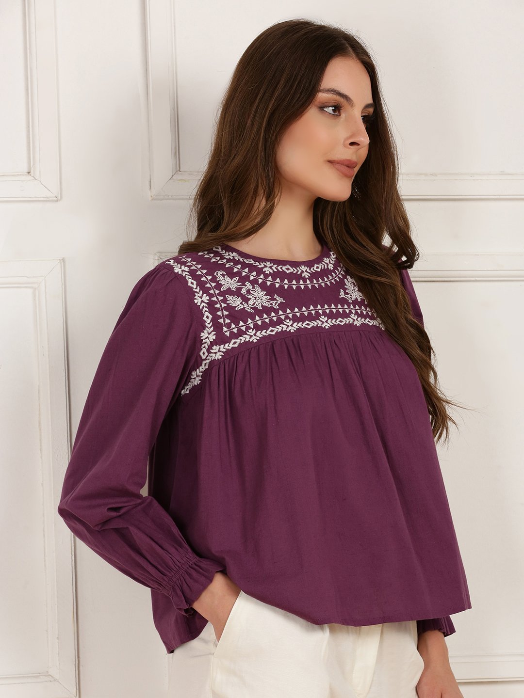 Purple Solid Round Neck Top