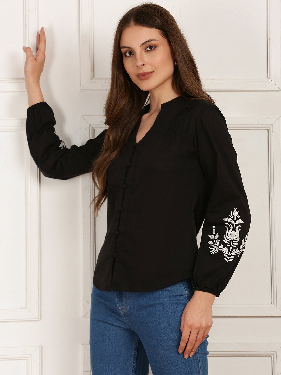 Black Solid V Neck Top