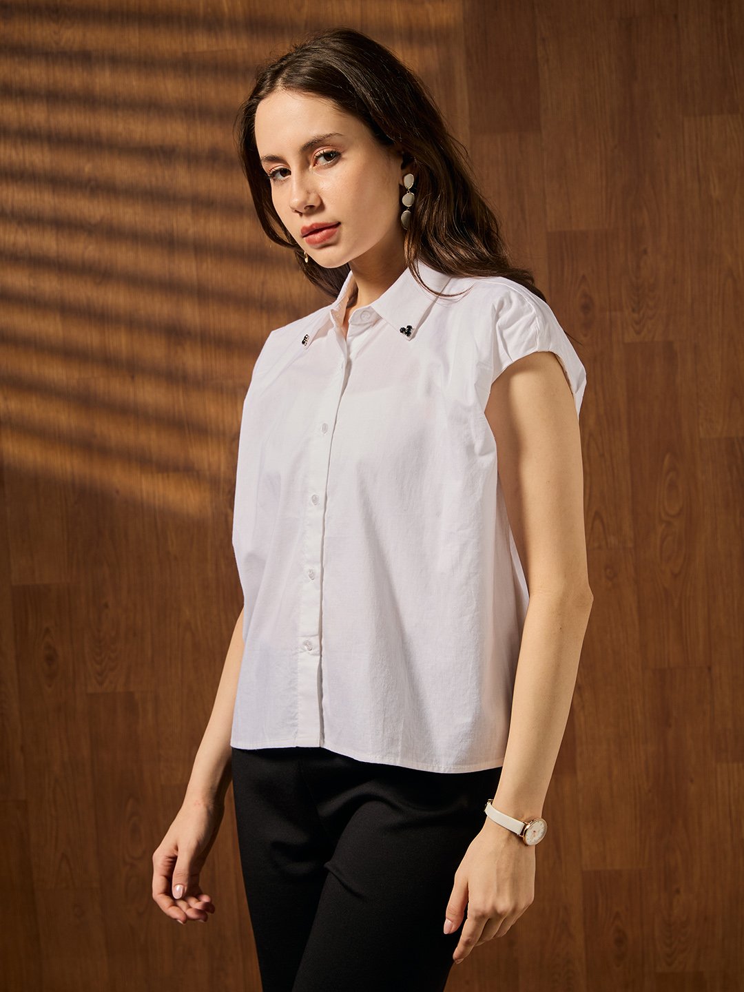 White Collared Neck Short Sleeve Shirt