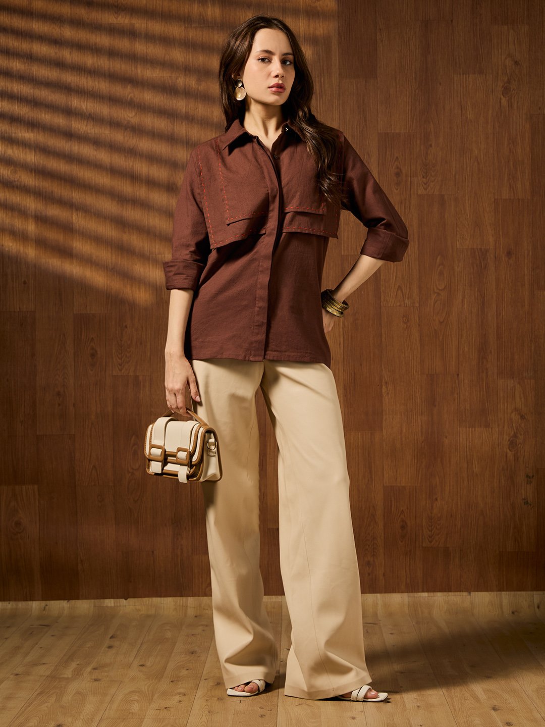 Brown Solid Long Sleeves Regular Shirt