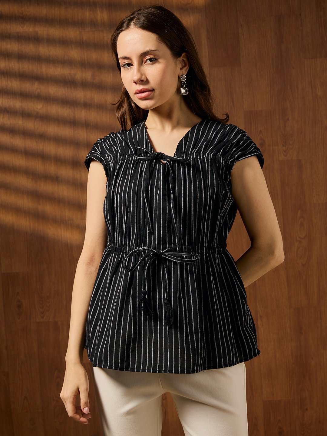 Black Solid V Neck Top