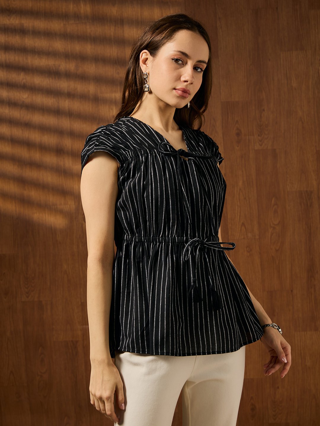 Black Solid V Neck Top