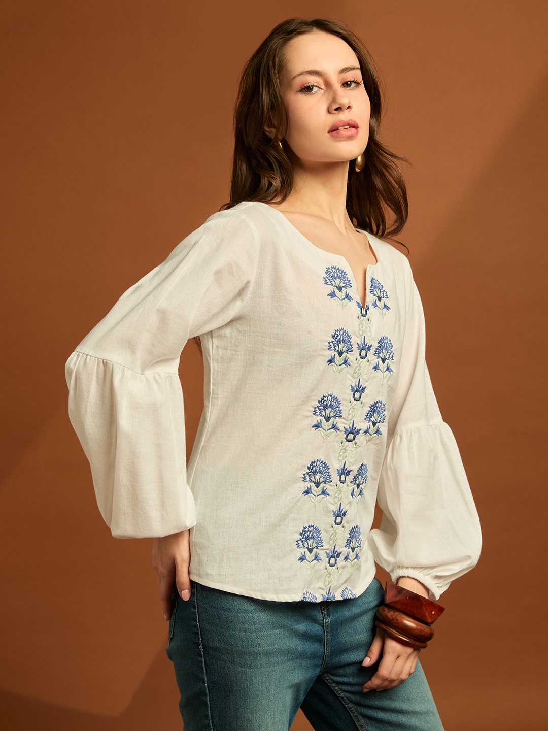 Off White Embroidered Round Neck Top