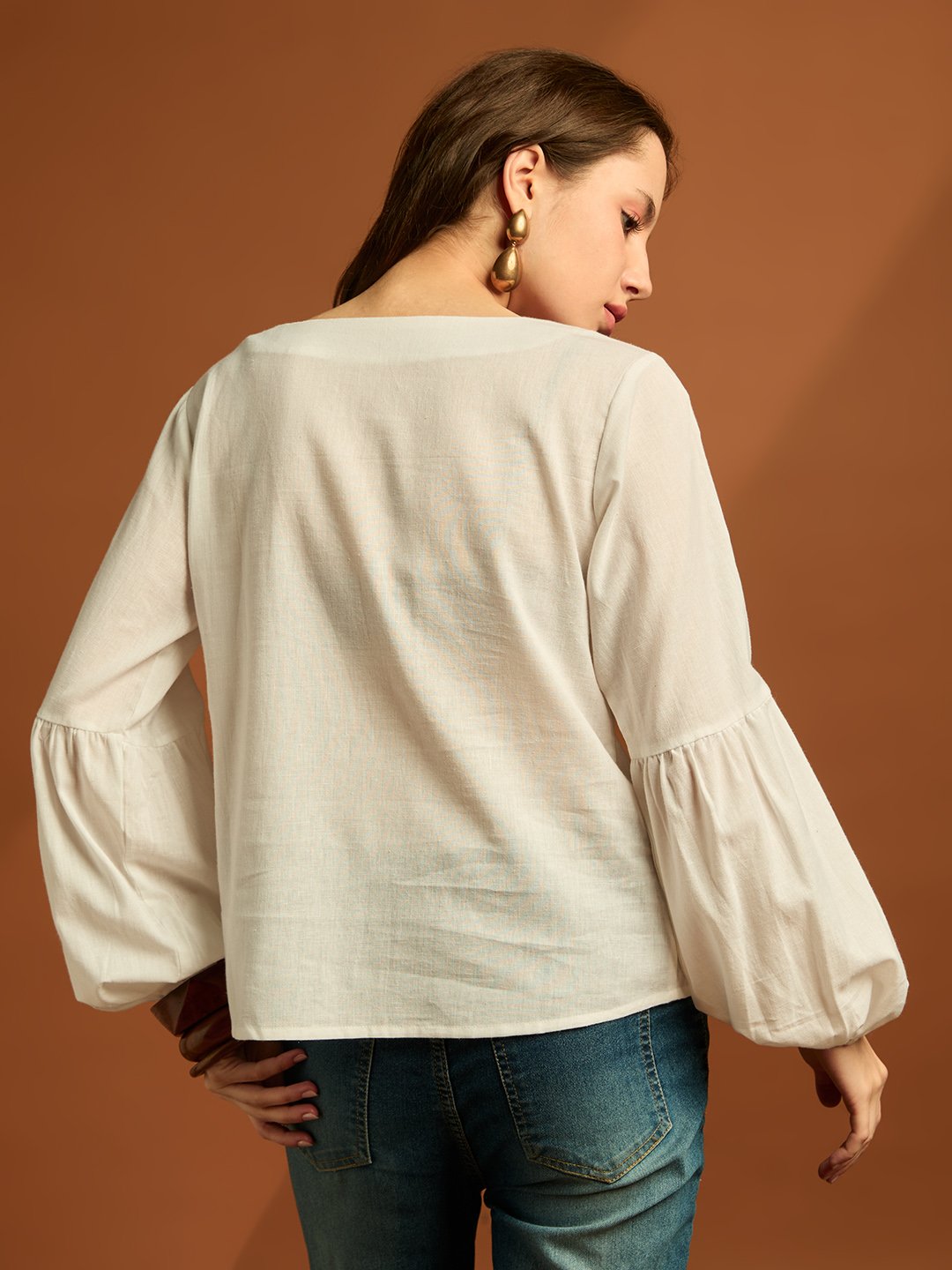 Off White Embroidered Round Neck Top