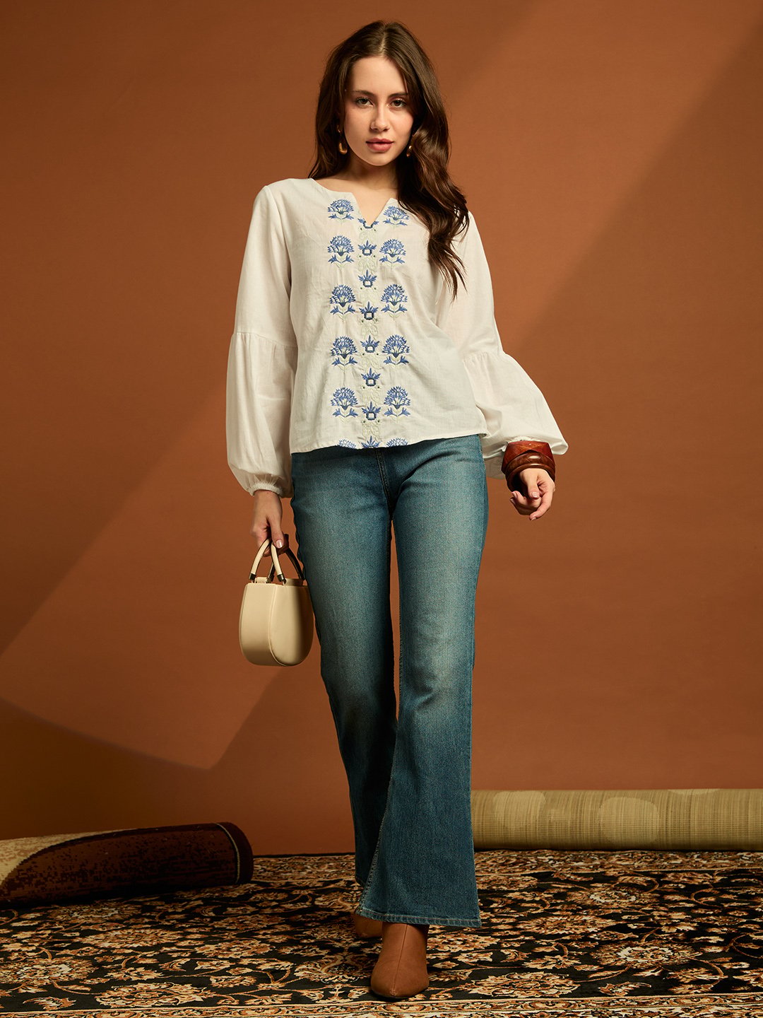 Off White Embroidered Round Neck Top