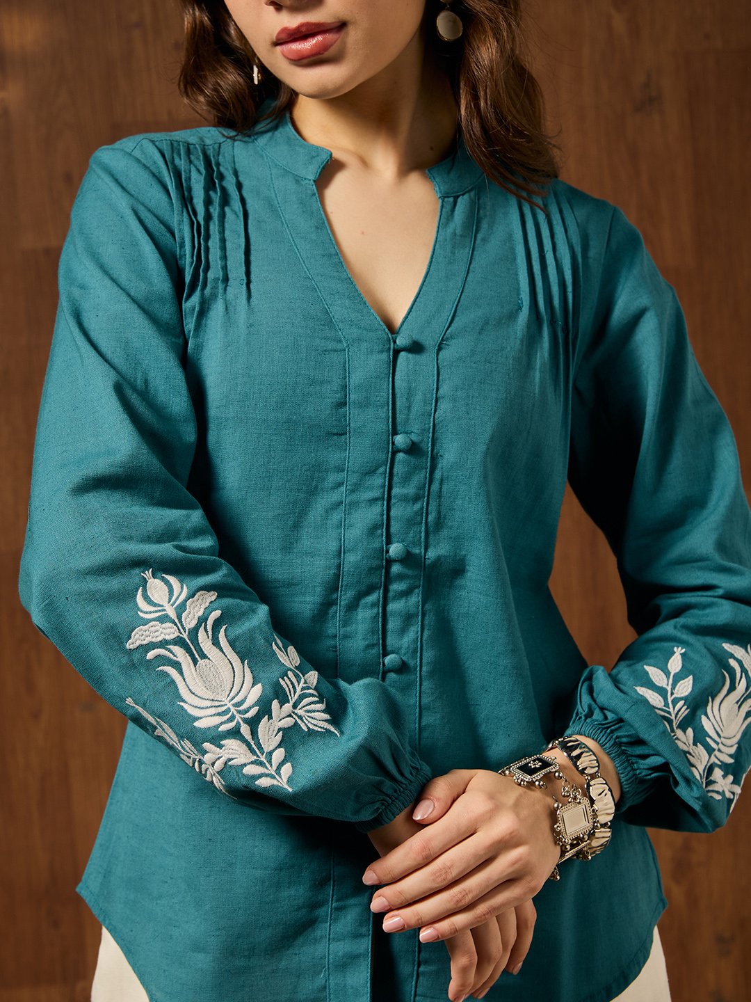 Teal Solid V Neck Top