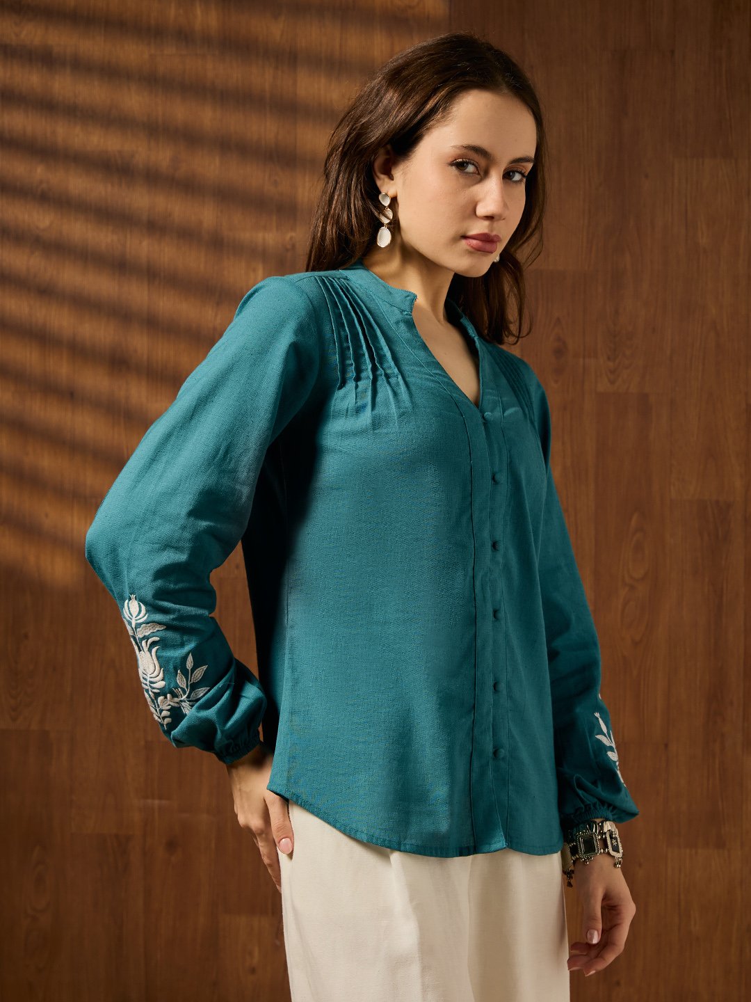 Teal Solid V Neck Top