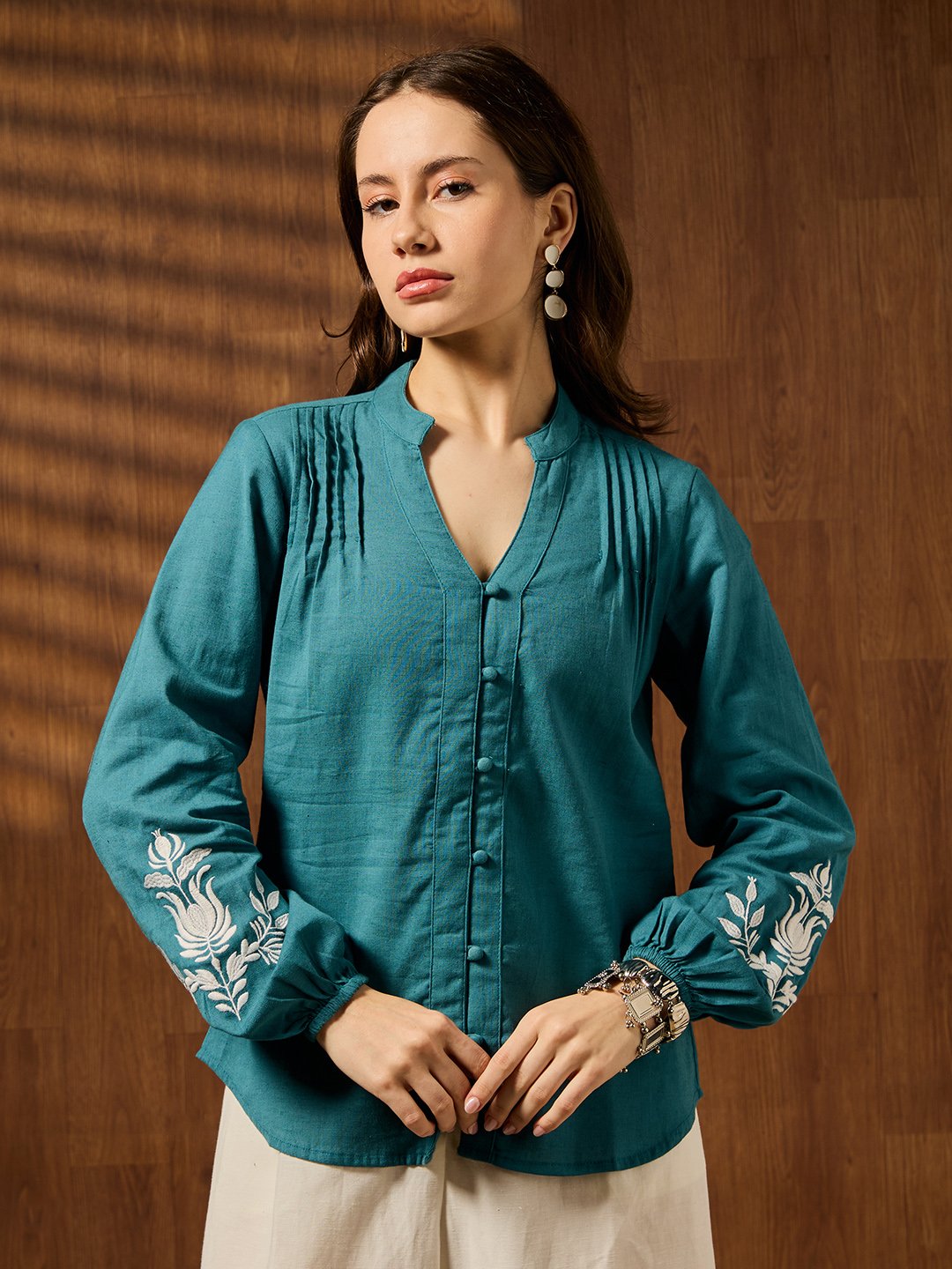 Teal Solid V Neck Top