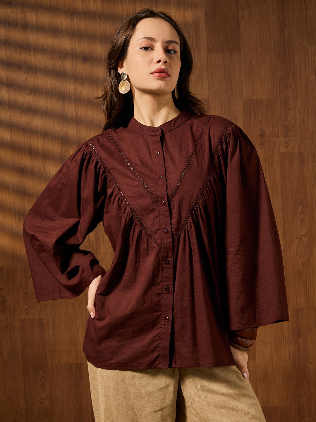 Brown Solid Collared Top