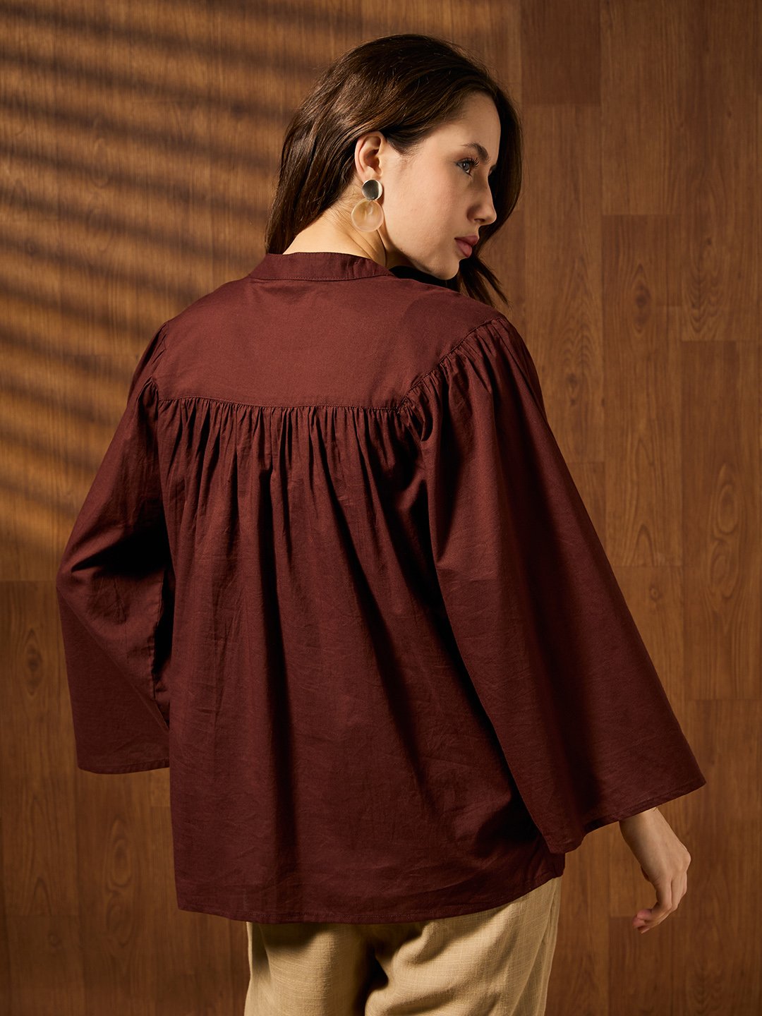 Brown Solid Collared Top