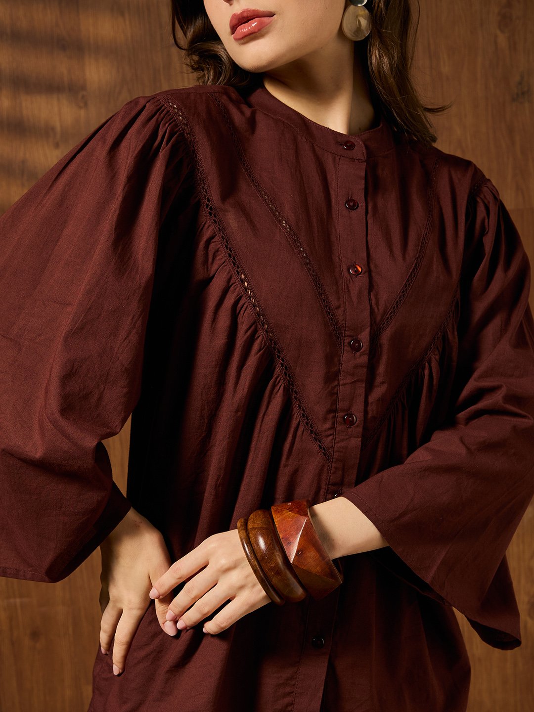 Brown Solid Collared Top