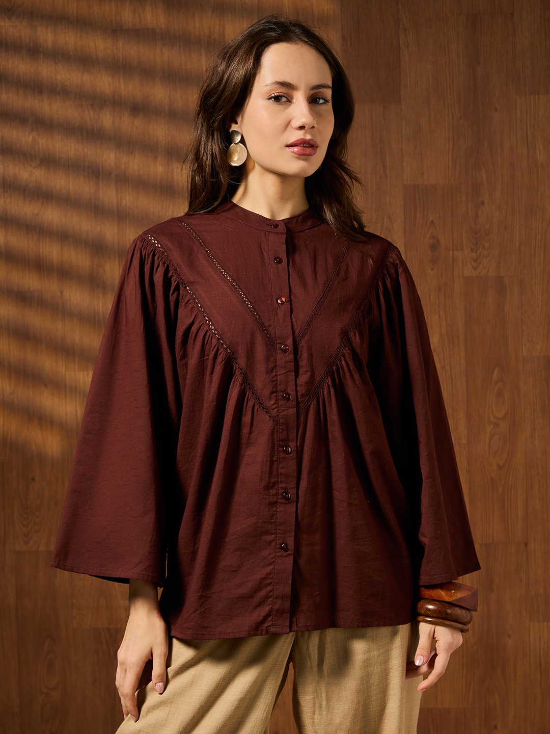 Brown Solid Collared Top