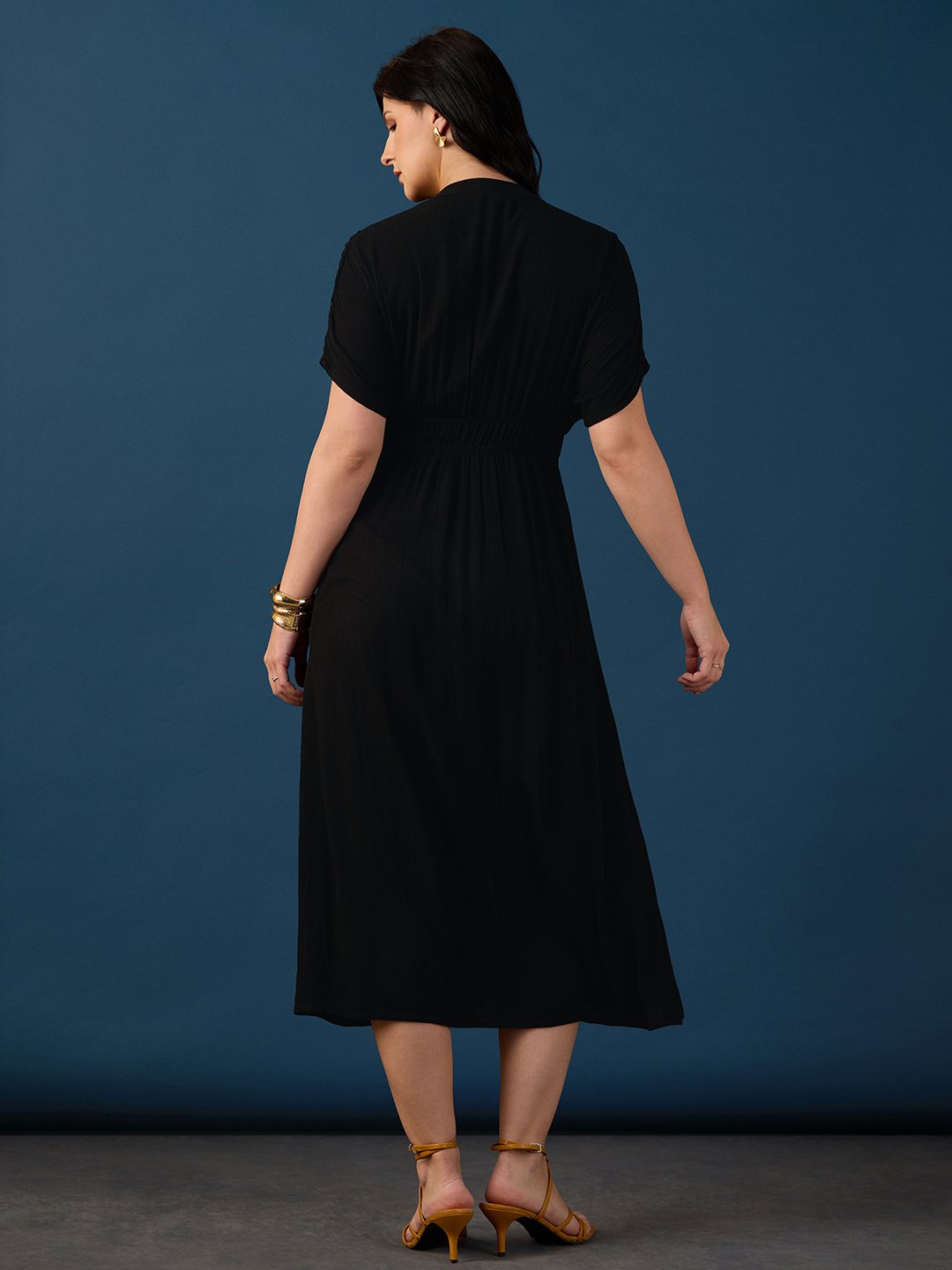 Black Solid Collared Shirt Midi Dress