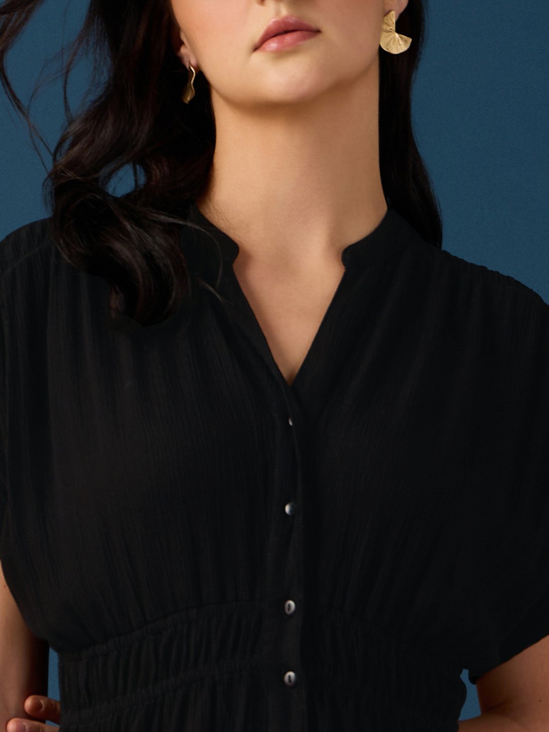 Black Solid Collared Shirt Midi Dress