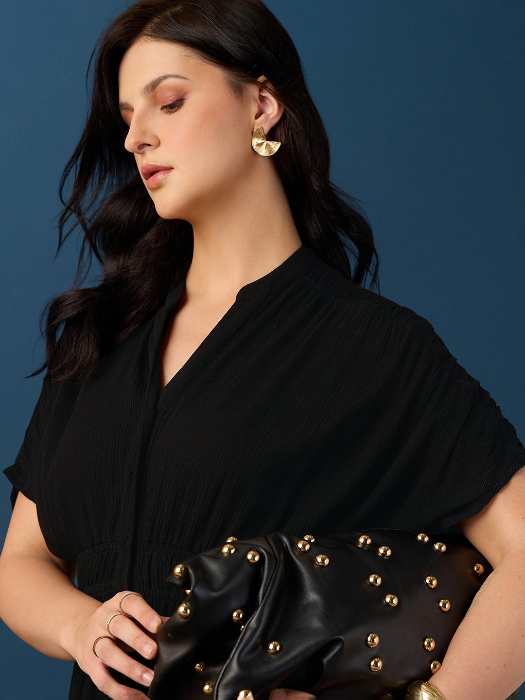 Black Solid Collared Shirt Midi Dress